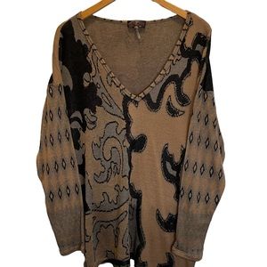 Hale Bob V-Neck Brown Gray Swirl Design Sweater